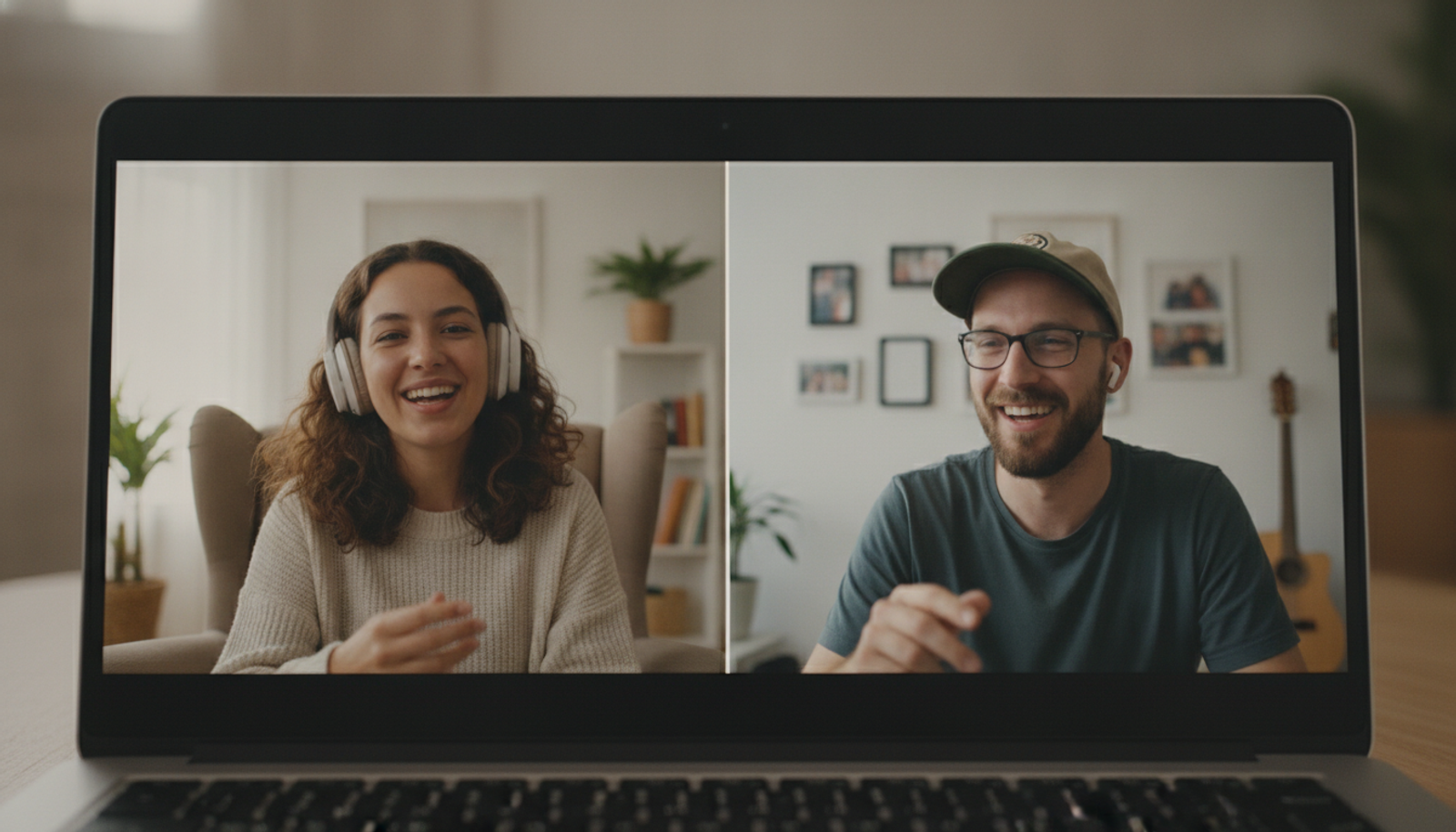 A laptop screen split in two, with a woman and a man laughing during their video call.