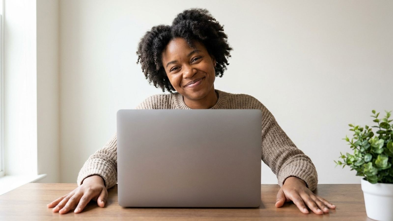Une femme souriante en appel vidéo à son bureau, les mains posées de part et d’autre de son ordinateur portable.