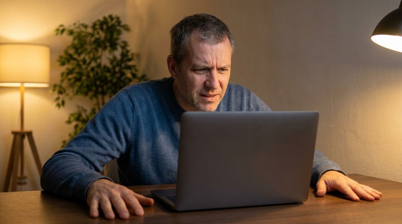 A focused man, a little tense, on an evening video call, his hands resting on either side of his laptop.