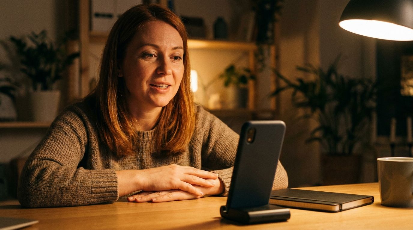 Une femme parle à son téléphone posé sur un support, le soir, à la lumière d'une lampe.