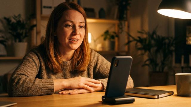 Une femme parle à son téléphone posé sur un support, le soir, à la lumière d'une lampe.