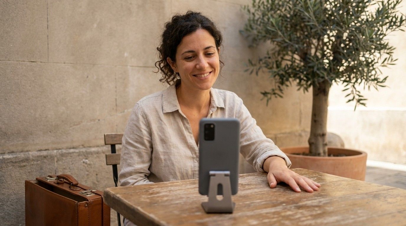 Une voyageuse souriante à une terrasse en pierre, sa valise à côté d’elle, en conversation avec son téléphone dressé sur un support.