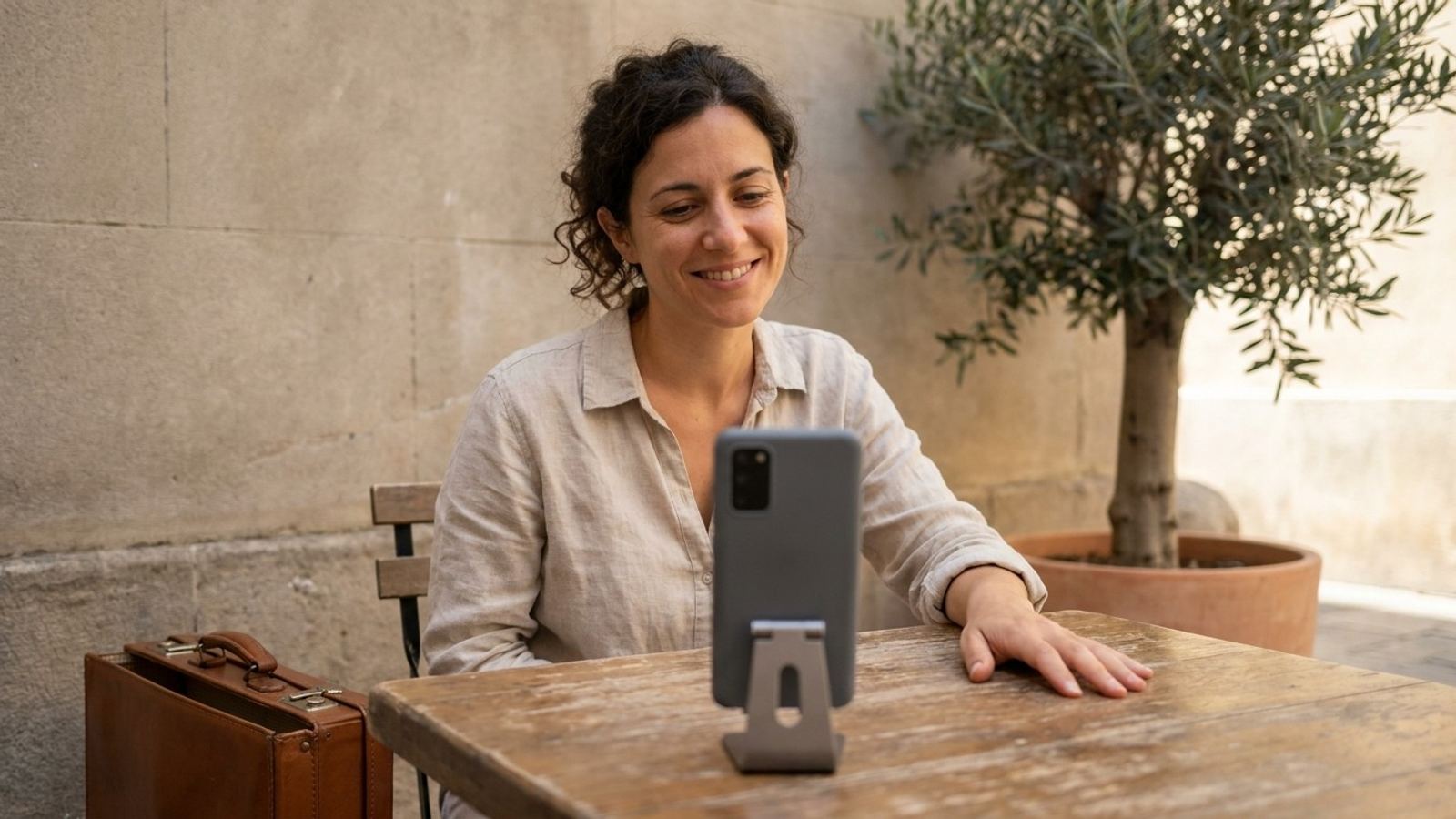 Une voyageuse souriante à une terrasse en pierre, sa valise à côté d’elle, en conversation avec son téléphone dressé sur un support.