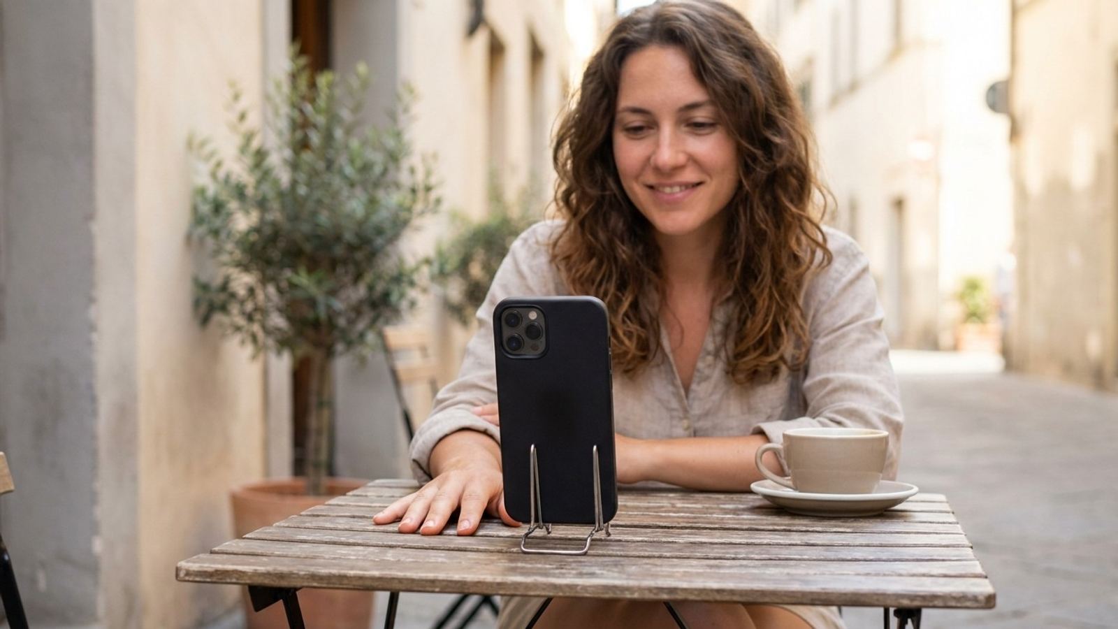 Una joven sonriente, sentada sola en la terraza de un café, con una mano apoyada en la mesa frente a su celular colocado en un soporte.