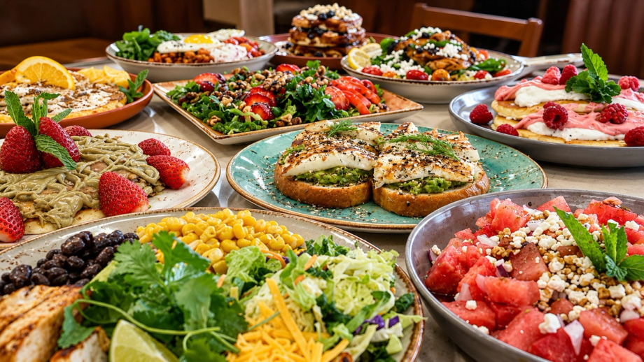A full table of Krave dishes — toasts, salads, bowls and pancakes shared family-style