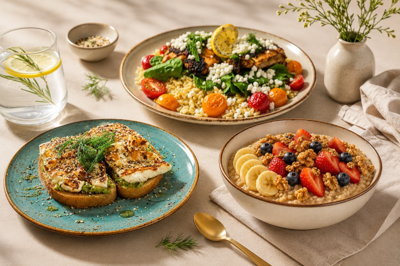 A spread of halloumi avocado toast, a grain and spinach salad bowl, and a granola yogurt bowl with fresh fruit
