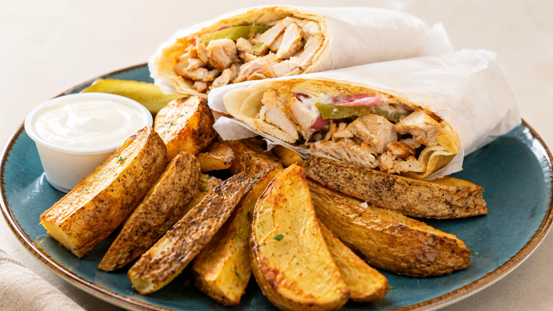 Chicken shawarma wrap, halved, served with seasoned potato wedges and garlic sauce
