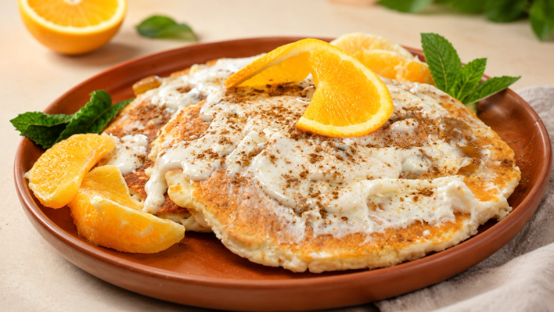 Pancakes topped with cream and cinnamon, garnished with fresh orange segments and mint
