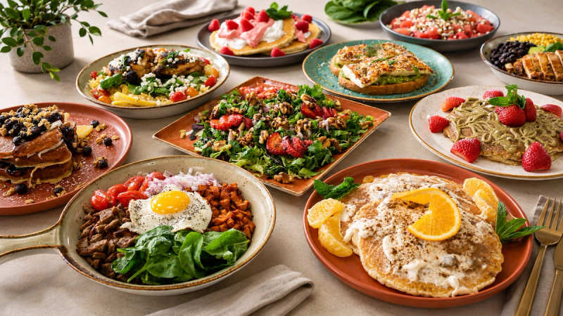 Overhead spread of many Krave dishes — pancakes, salads, a breakfast hash skillet and orange pancakes
