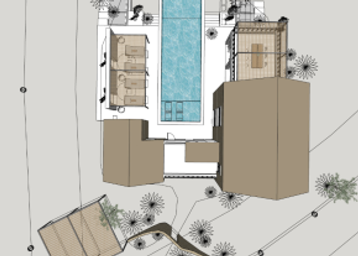 Aerial view of the villa and pool