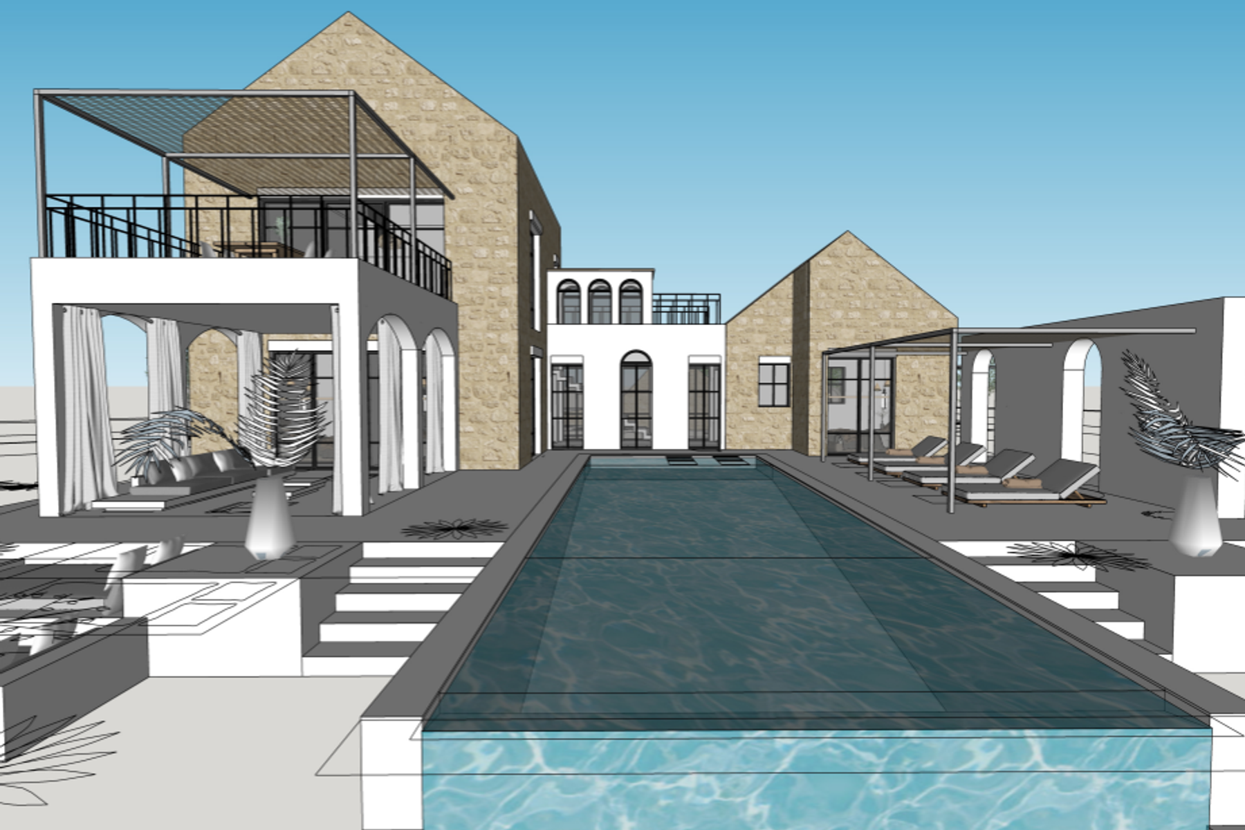 View from the centre of the infinity pool towards the villa and courtyard with external terraces and shaded lounge seating