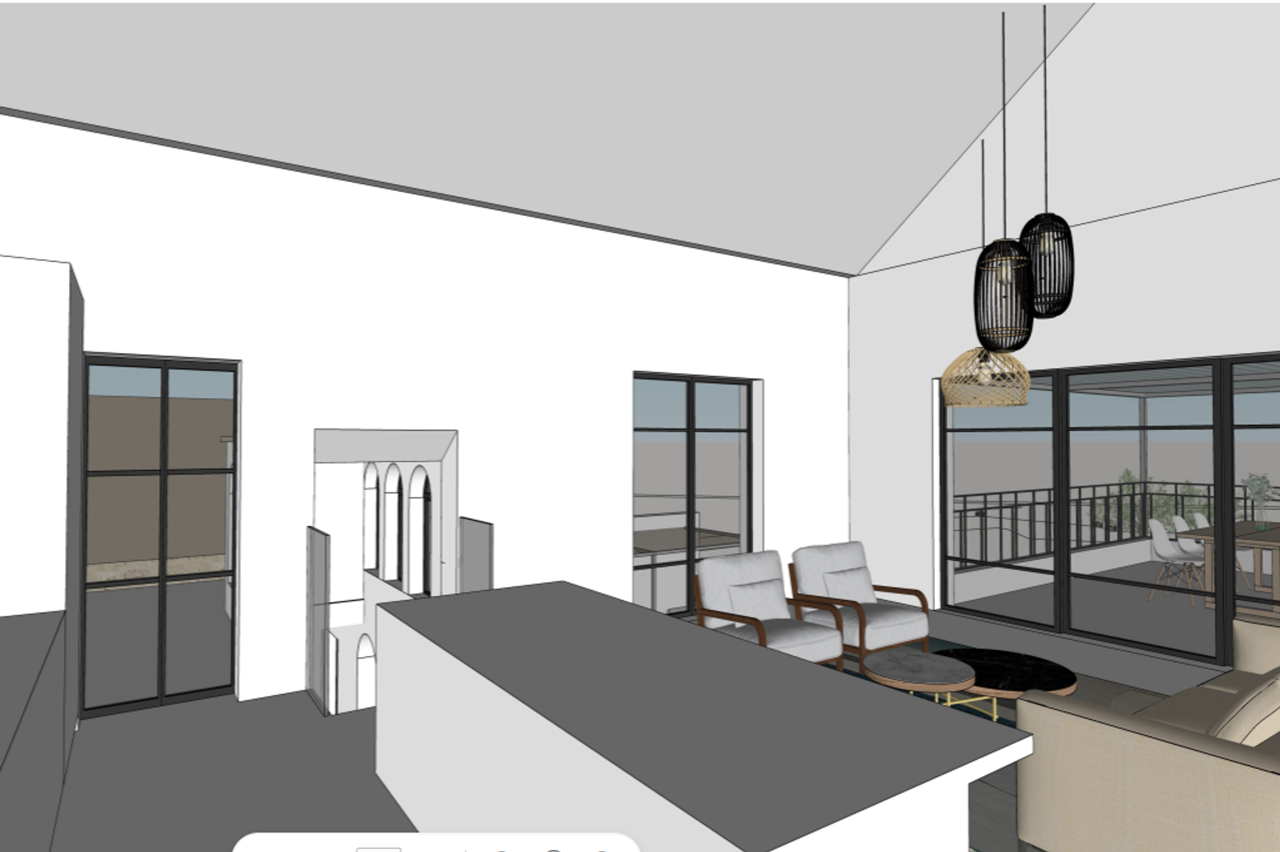 nternal views from the kitchen, towards stairs leading down, small terrace to the left and large terrace to the right, with exposed open pitched roof and exposed beams