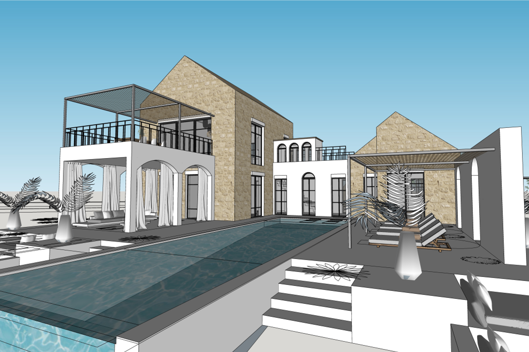 View from the corner of the infinity pool towards the villa and courtyard with external terraces and shaded lounge seating