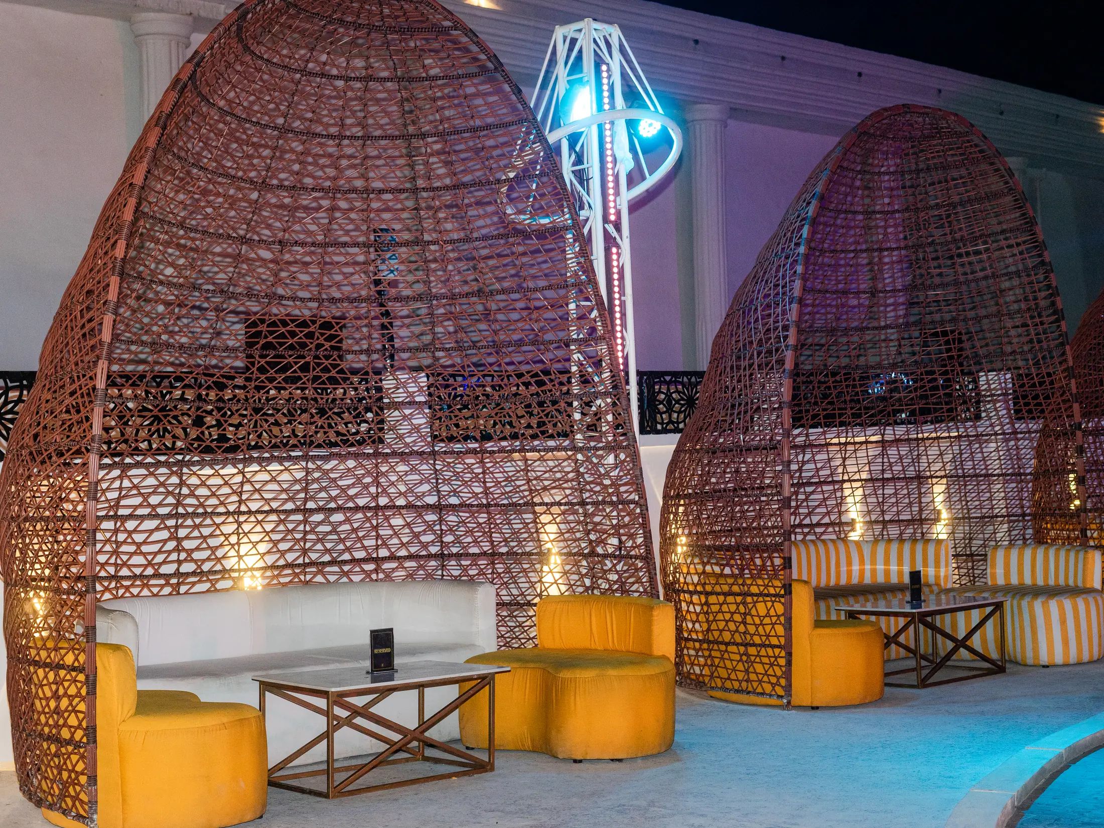 A lit cabana on the terrace