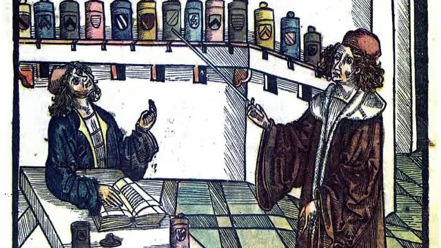 Gravura de farmacêutico e seu aprendiz