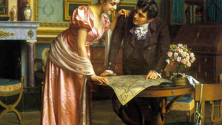 Pintura de casal debruçado sobre mapa.