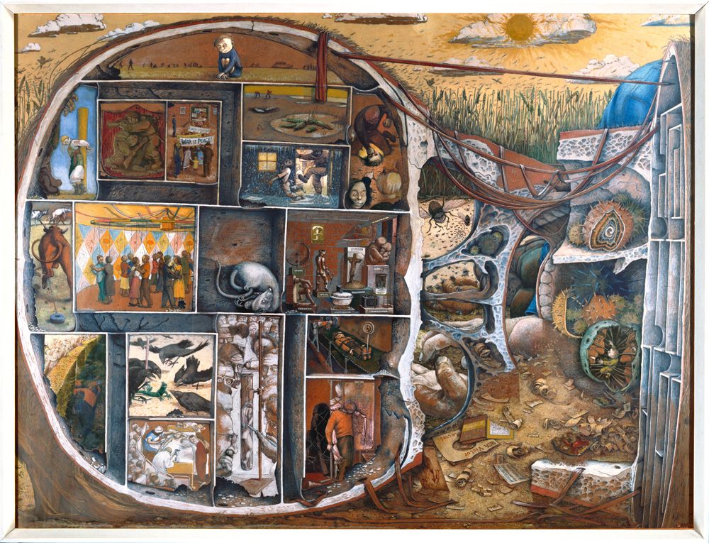Pintura surrealista de cenas do desenvolvimento do artista inseridas em um crânio humano 