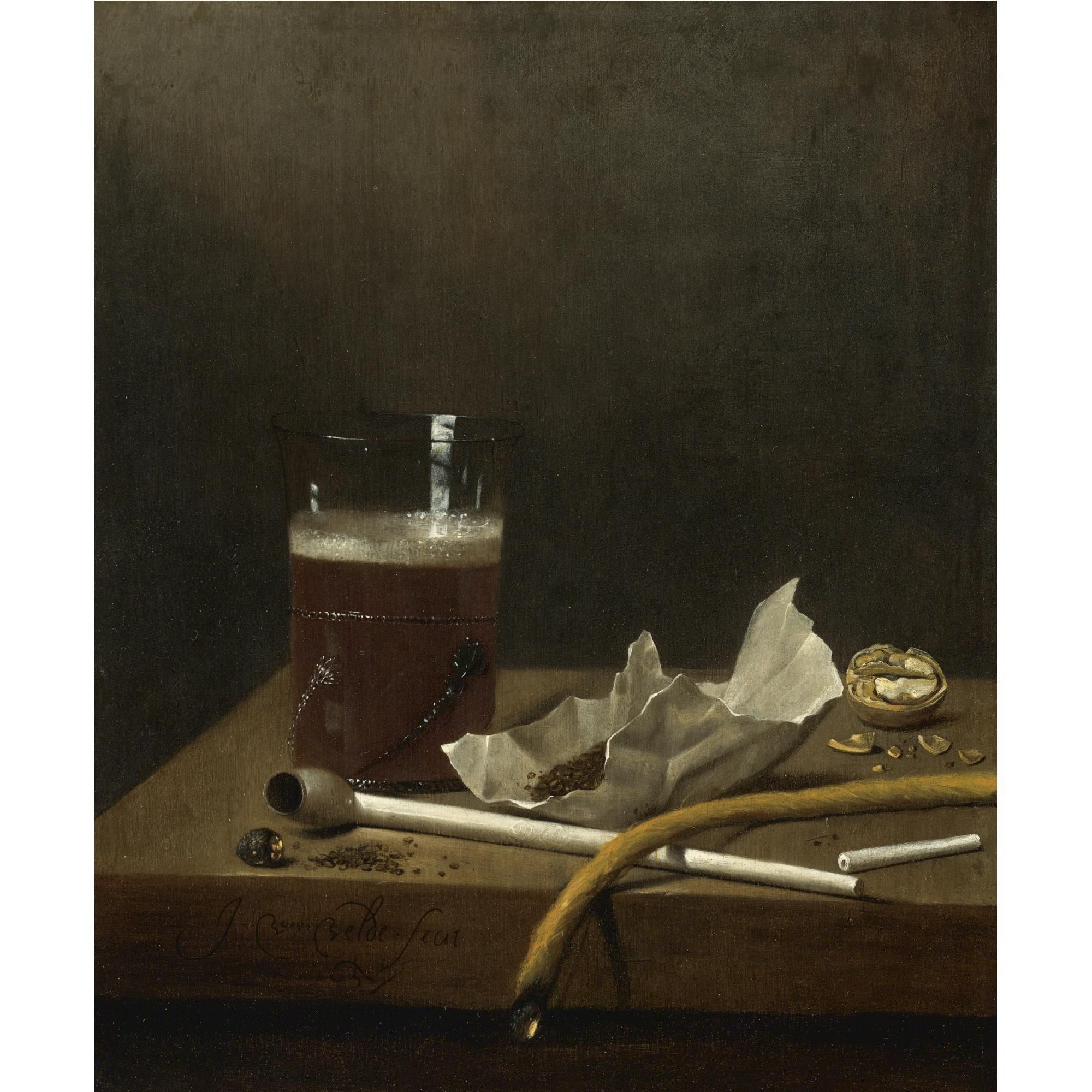 Pintura de copo de cerveja, cachimbo e tabaco