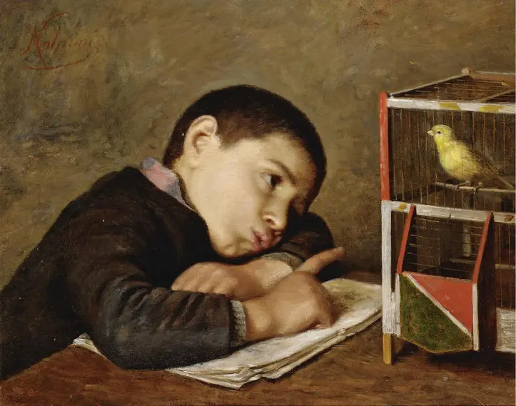 Pintura de menino e gaiola de passarinho