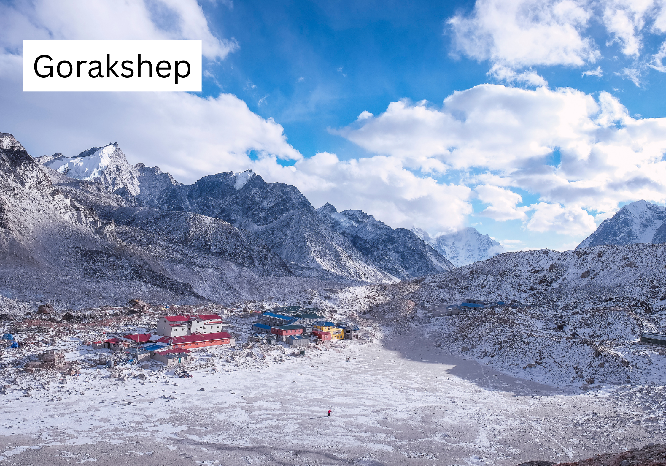 Gorakshep village in Nepal surrounded by glaciers and Himalayan peaks on the Everest Base Camp Trek.