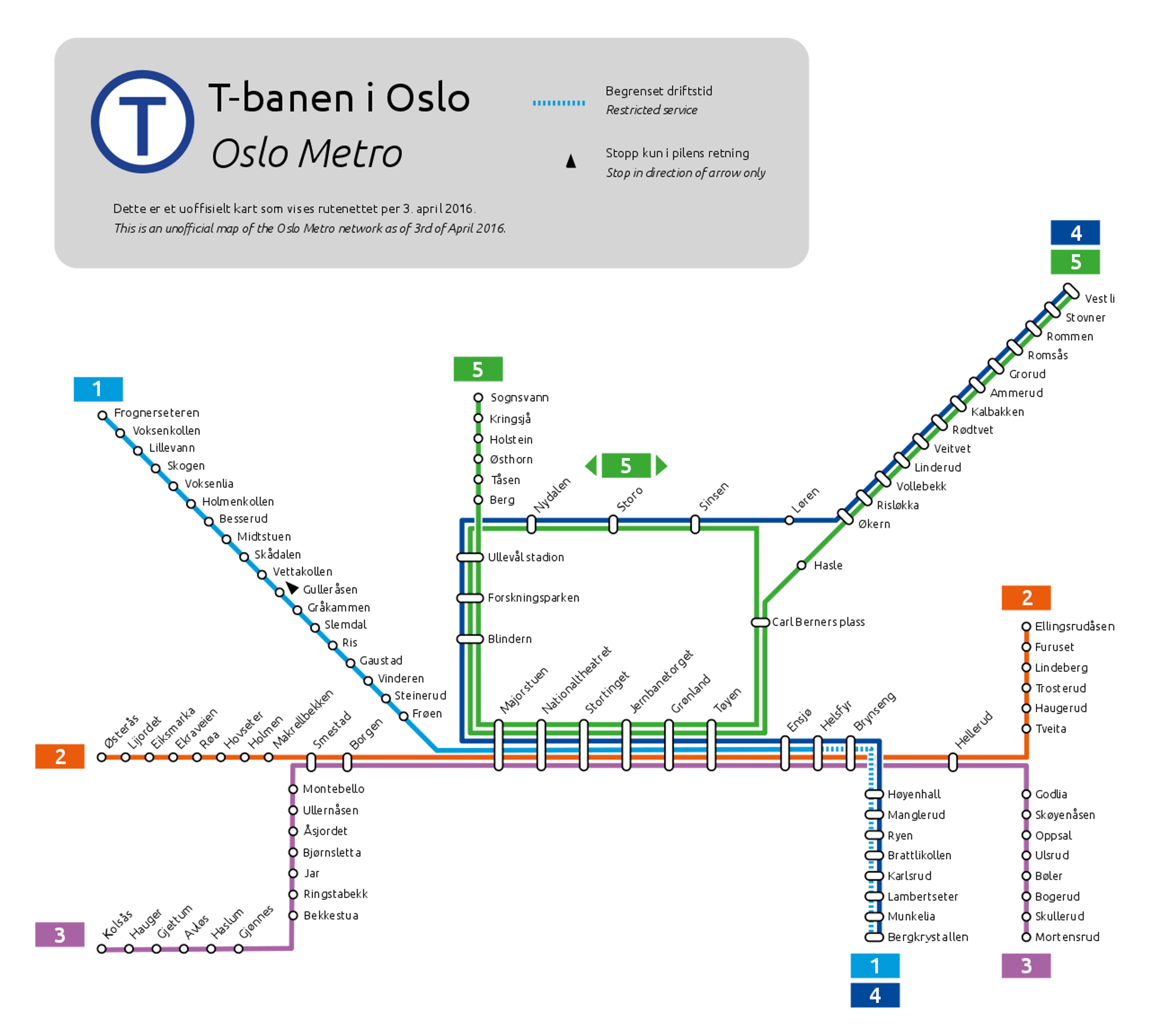 Uoffisielt kart over t-banenettet i Oslo.