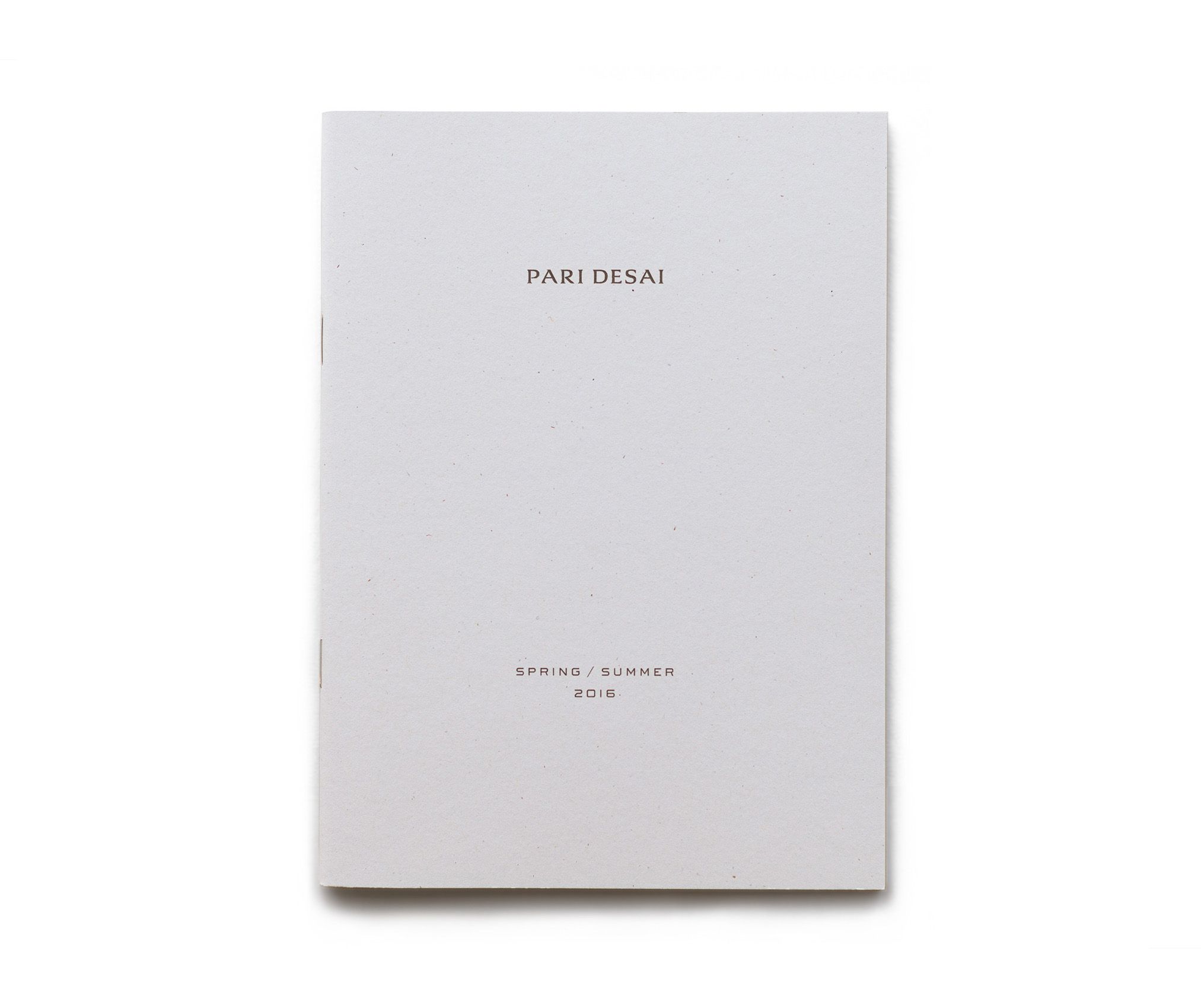 Cover of a printed lookbook for a fashion  collection that reads "Pari Desai Spring /Summer 2016"