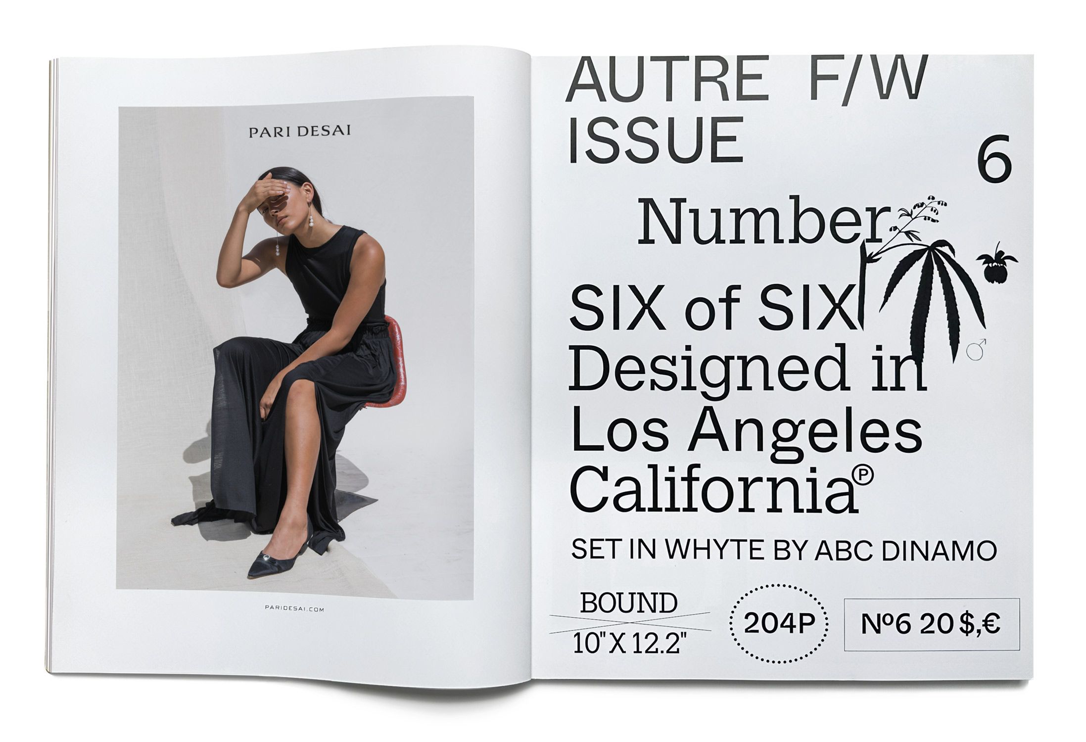 A magazine spread showing the issue's table of contents on the right hand page and an advertisement for the Pari Desai label featuring a woman in a dark dress seated on a chair and shielding her eyes from the sun