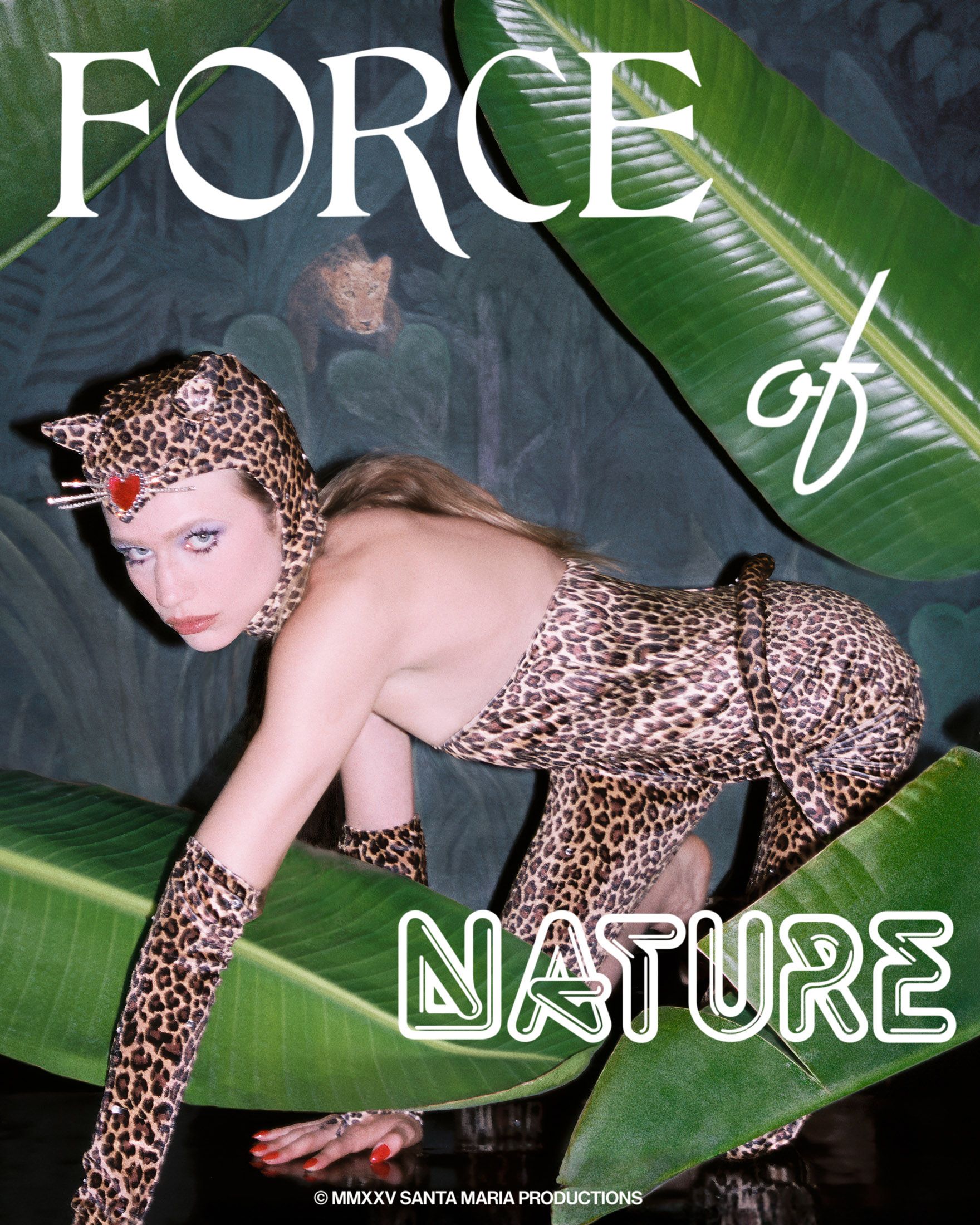 Model posing in leopard costume