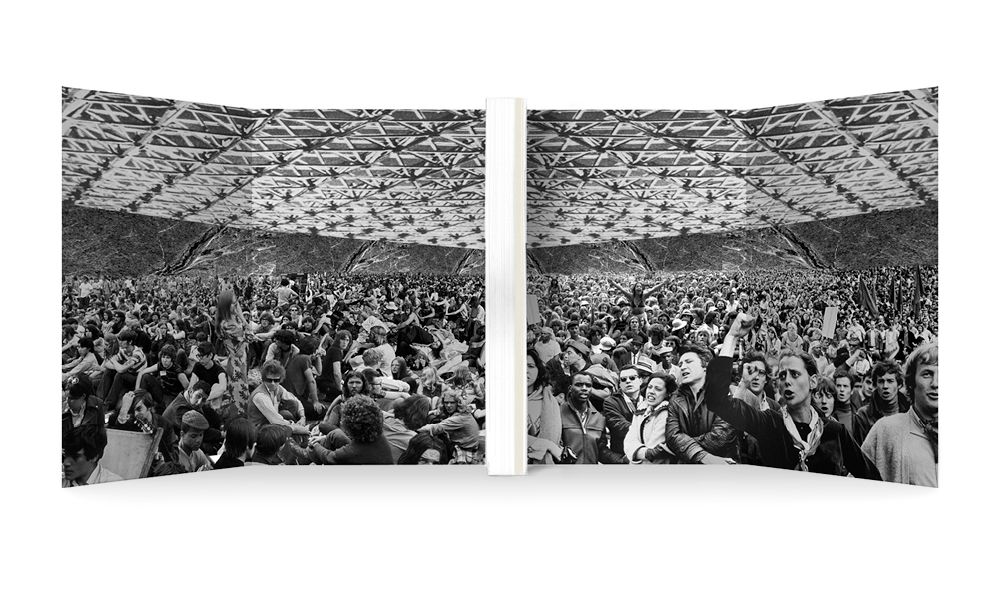 Inner flaps of a book cover, with a photo collage showing protesters and concertgoers