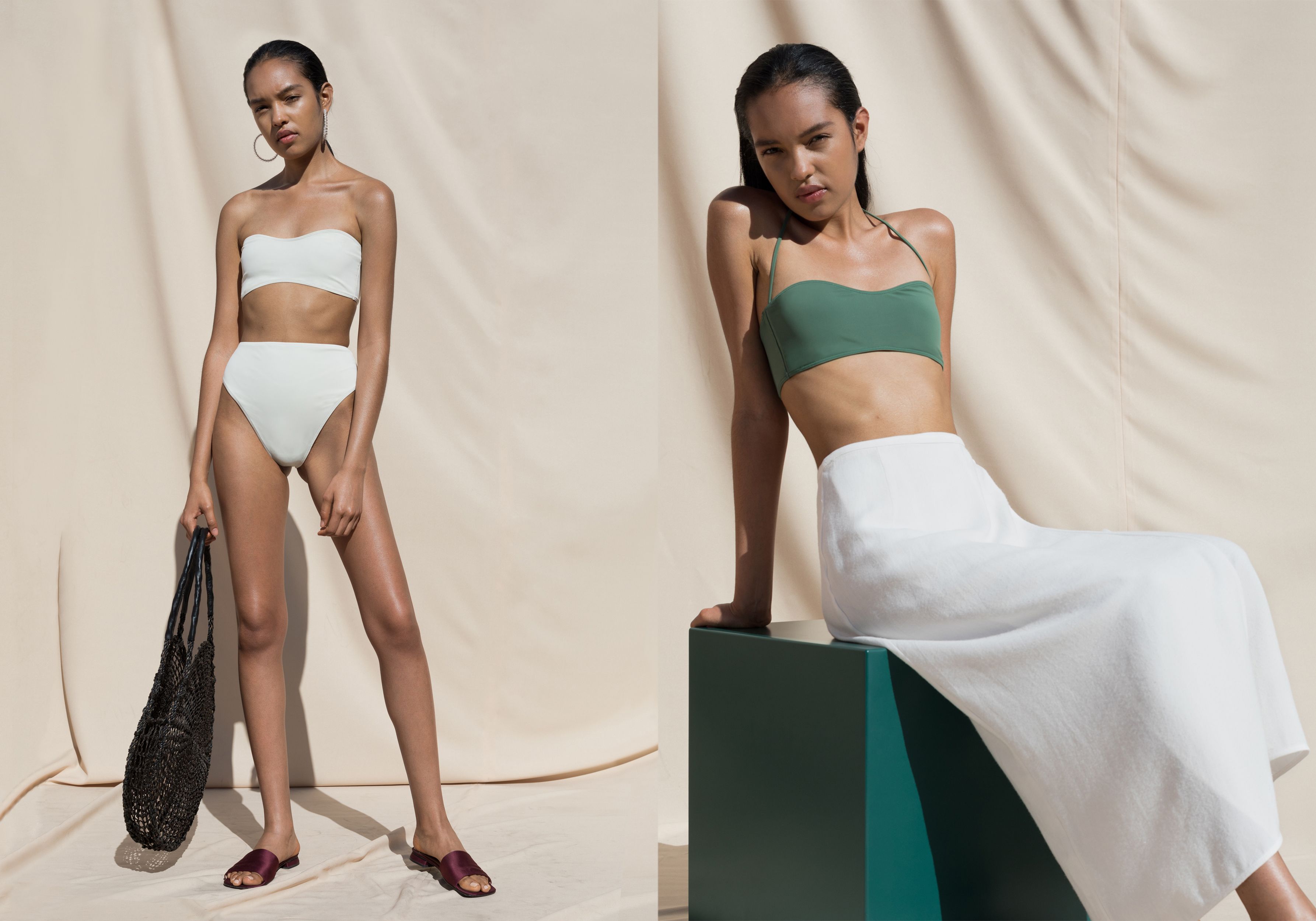 A spread of two images: on the left a woman models a wite swimsuit and a handbag, on the right she models a green bikini top and a white skirt