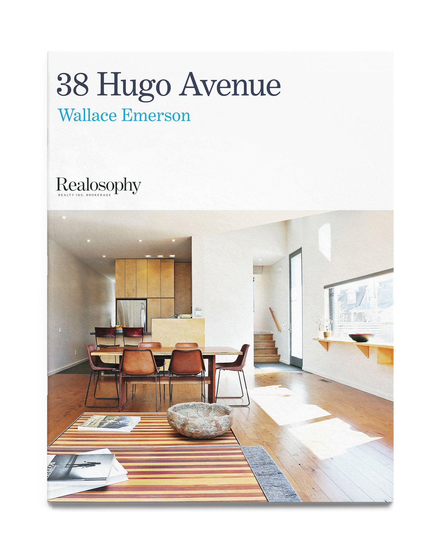 A real estate sales brochure showing a sunlit white dining room with hardwood floors in a modernist house. The address reads "38 Hugo Avenue"