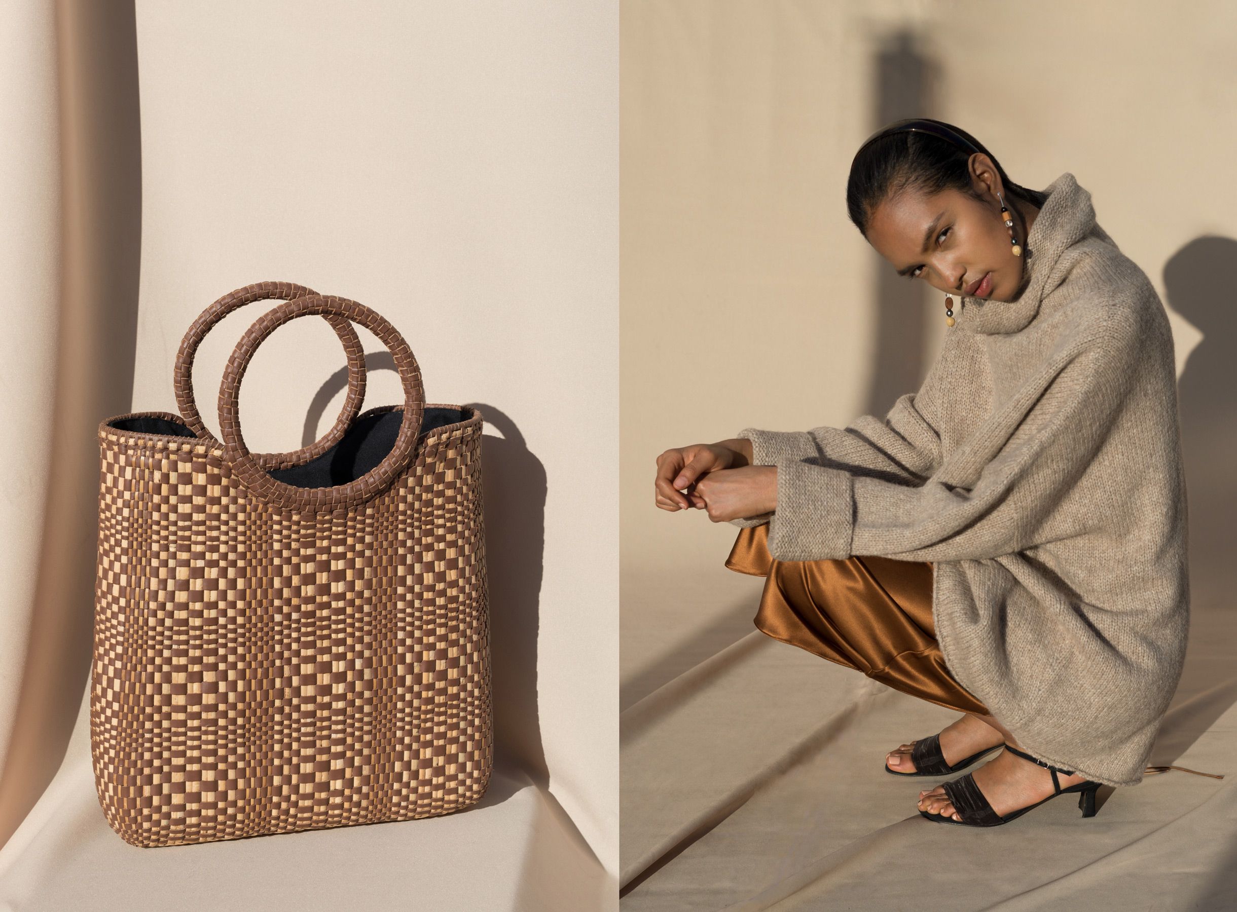 A spread from a fashion lookbook showing a handbag and a woman modelling a sweater crouched down on her heels