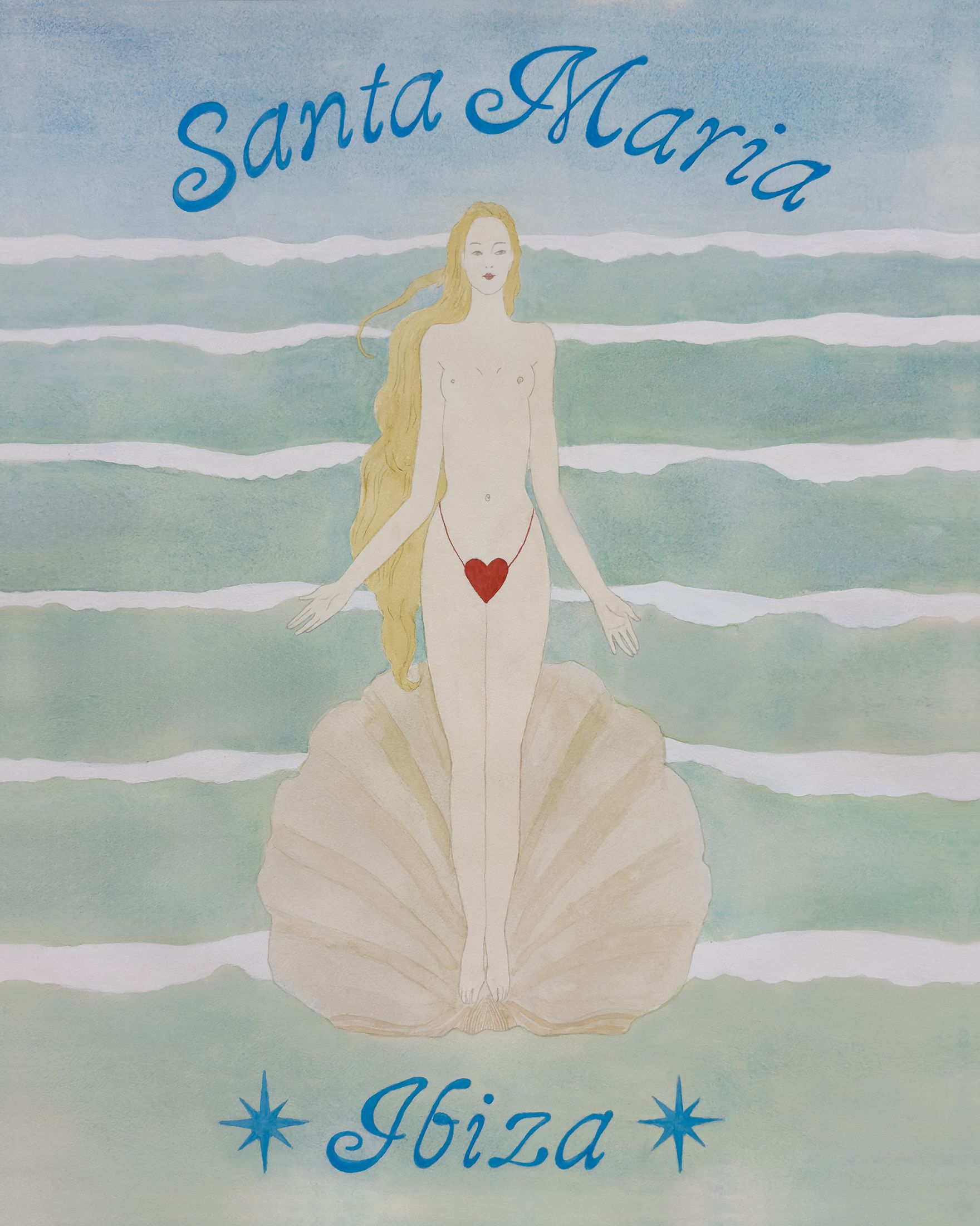 A painting of a nude woman with long blonde hair standing on a half shell floating on ocean waves. Text reads "Santa Maria, Ibiza"