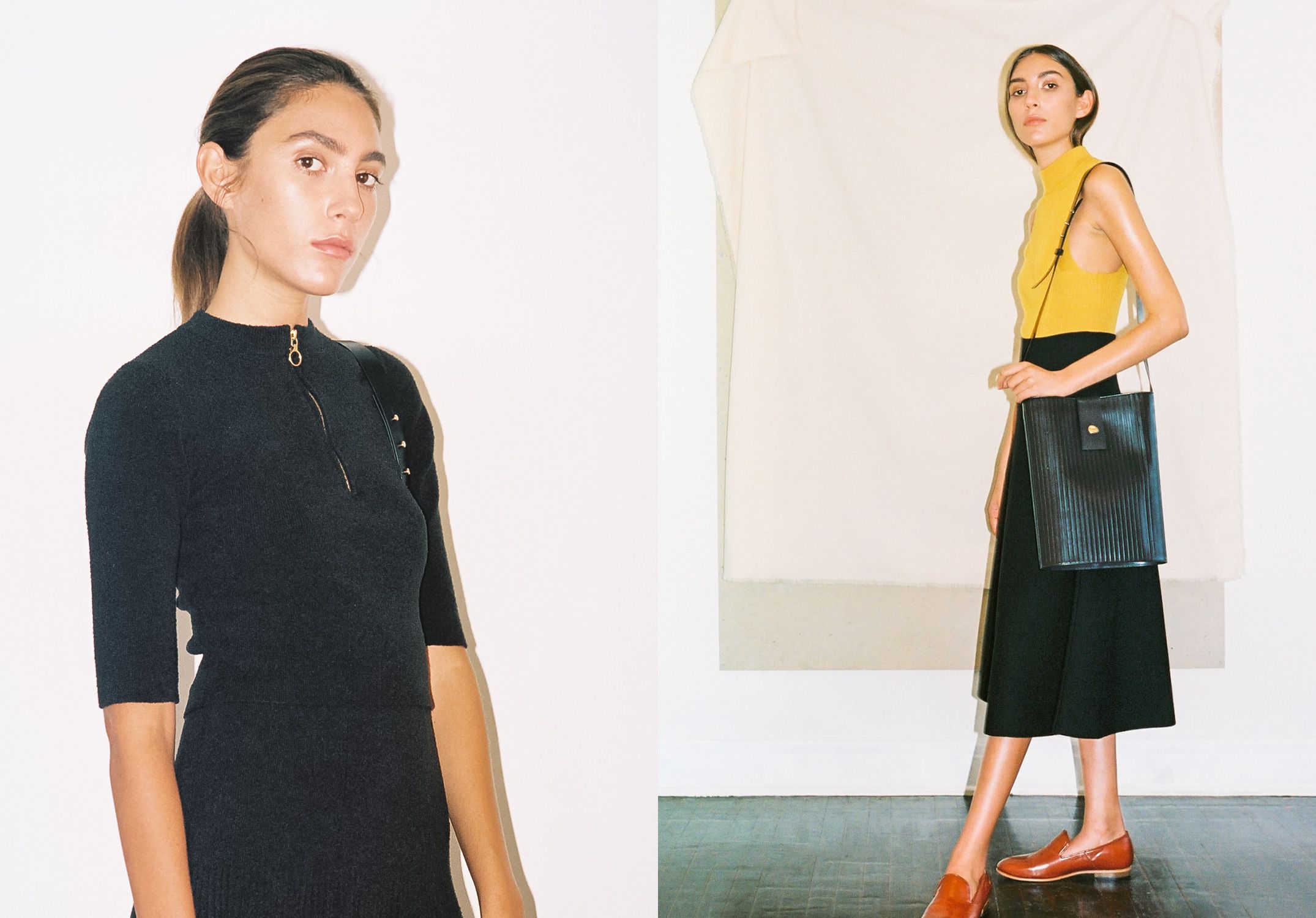 Two images, at left a woman modelling a black terry dress, at right woman modelling a mustard yellow knit sleeveless top, a black skirt, red shoes, and a black leather handbag