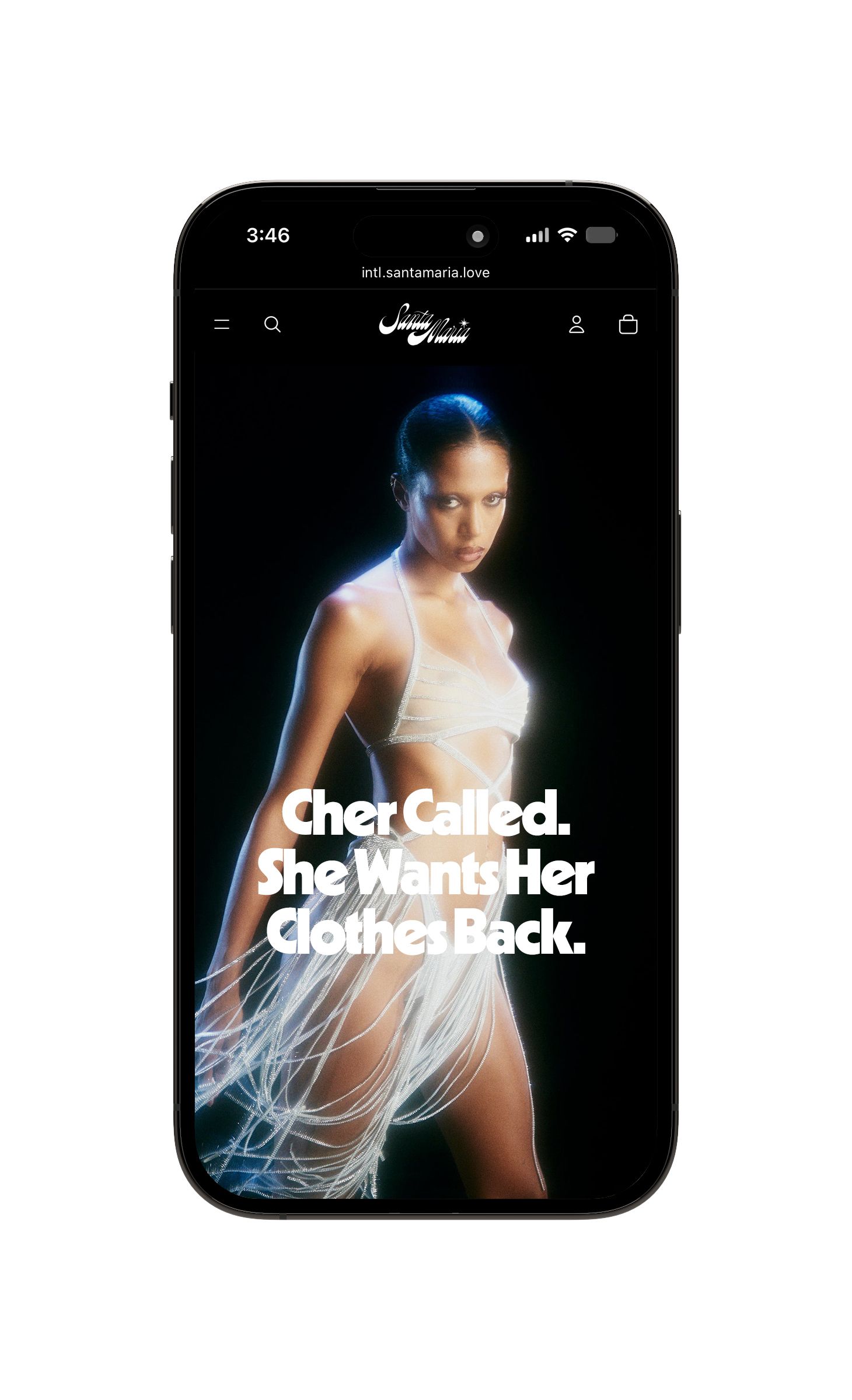 An iphone showing the homepage of an online store, with a picture of a woman in a flowing dress on a dark backdrop and a headline reading "Cher Called. She Wants Her Clothes Back."