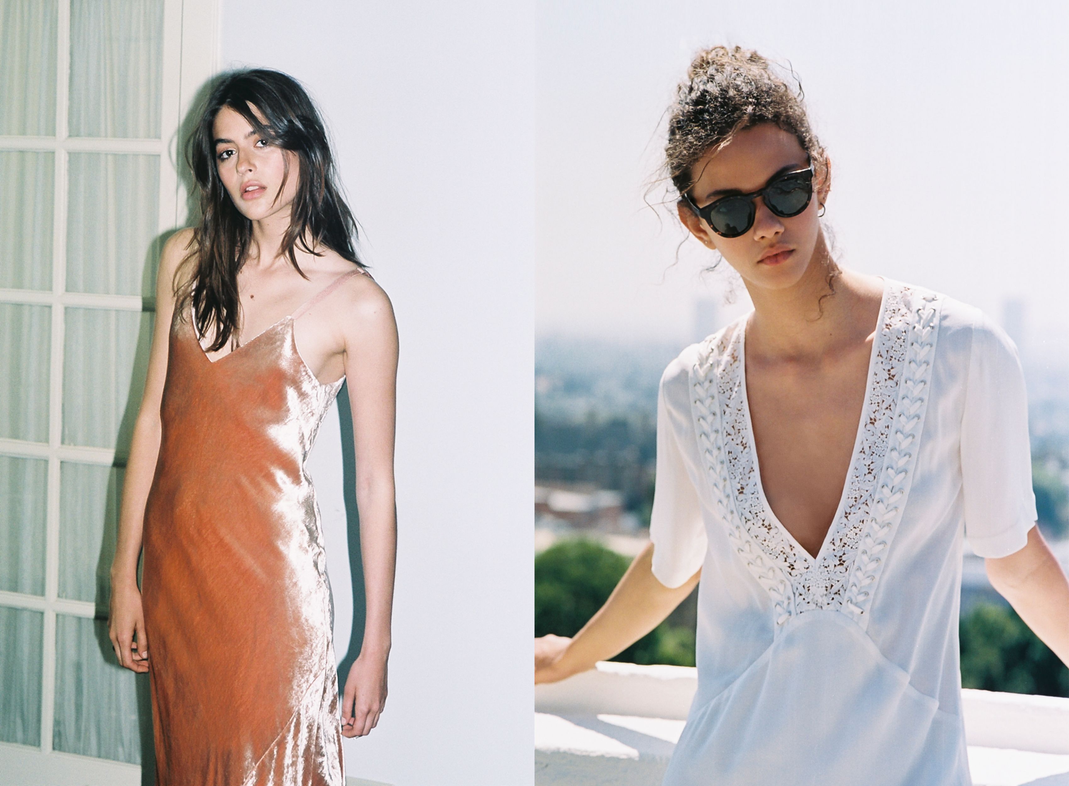A spread showing two women, on the left a model wear a pink satin dress and stands in front of a door with french windows; on the right a woman models a pair of sunglasses and a white top with lace detailing.