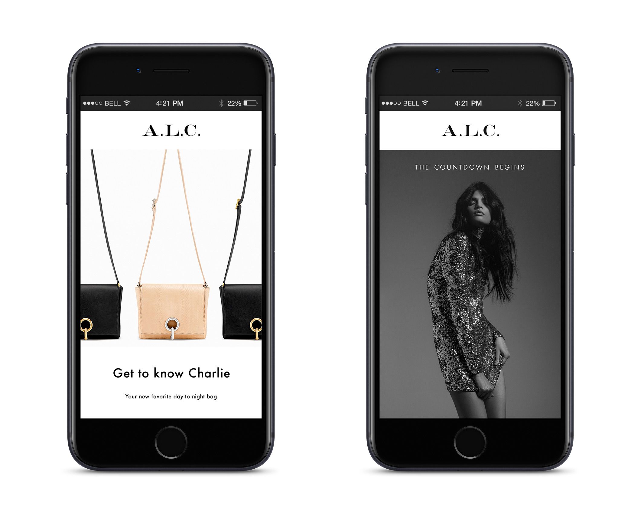 Two iPhones; on the left the screen shows a pink handbag and a headline that reads "Get to know Cherlie". On the right the screen shows a black and white photo of a woman modelling a sequined minidress with a headline that reads "the countdown begins"
