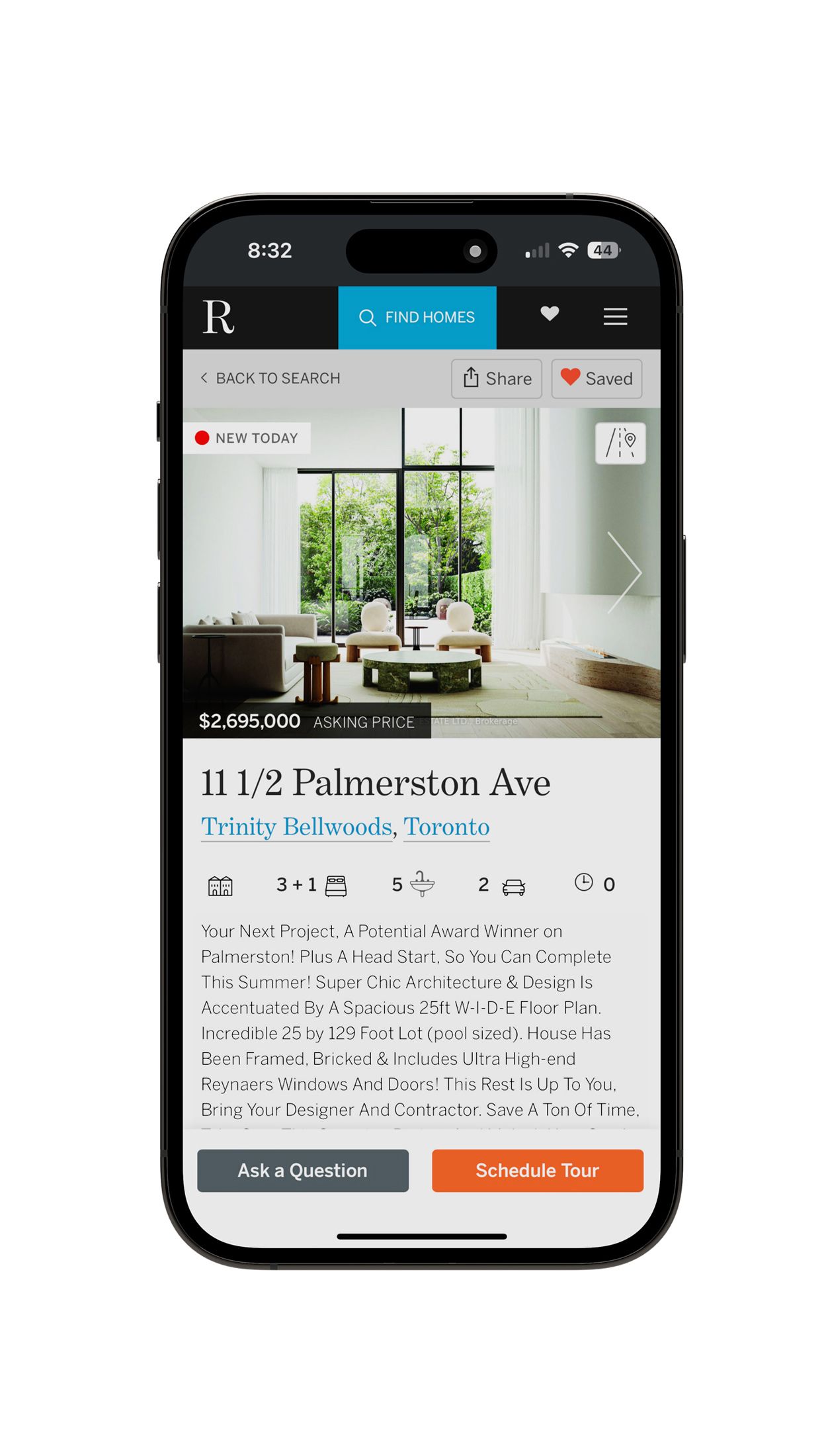 An iPhone screen showing a property listing on a real estate app