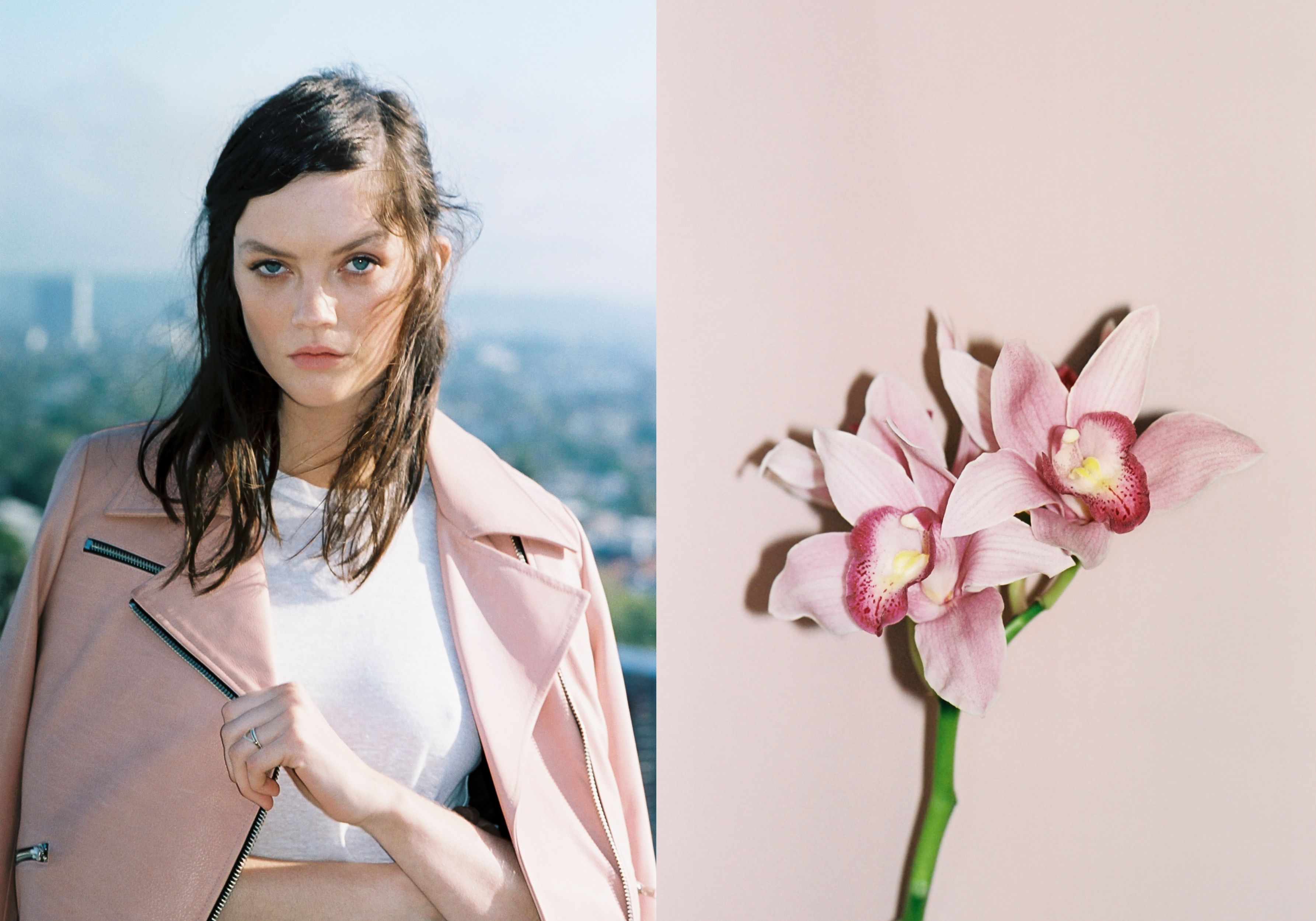 A picture of a woman modelling a pink leather biker jacket juxtaposed with an image of a pink lily 