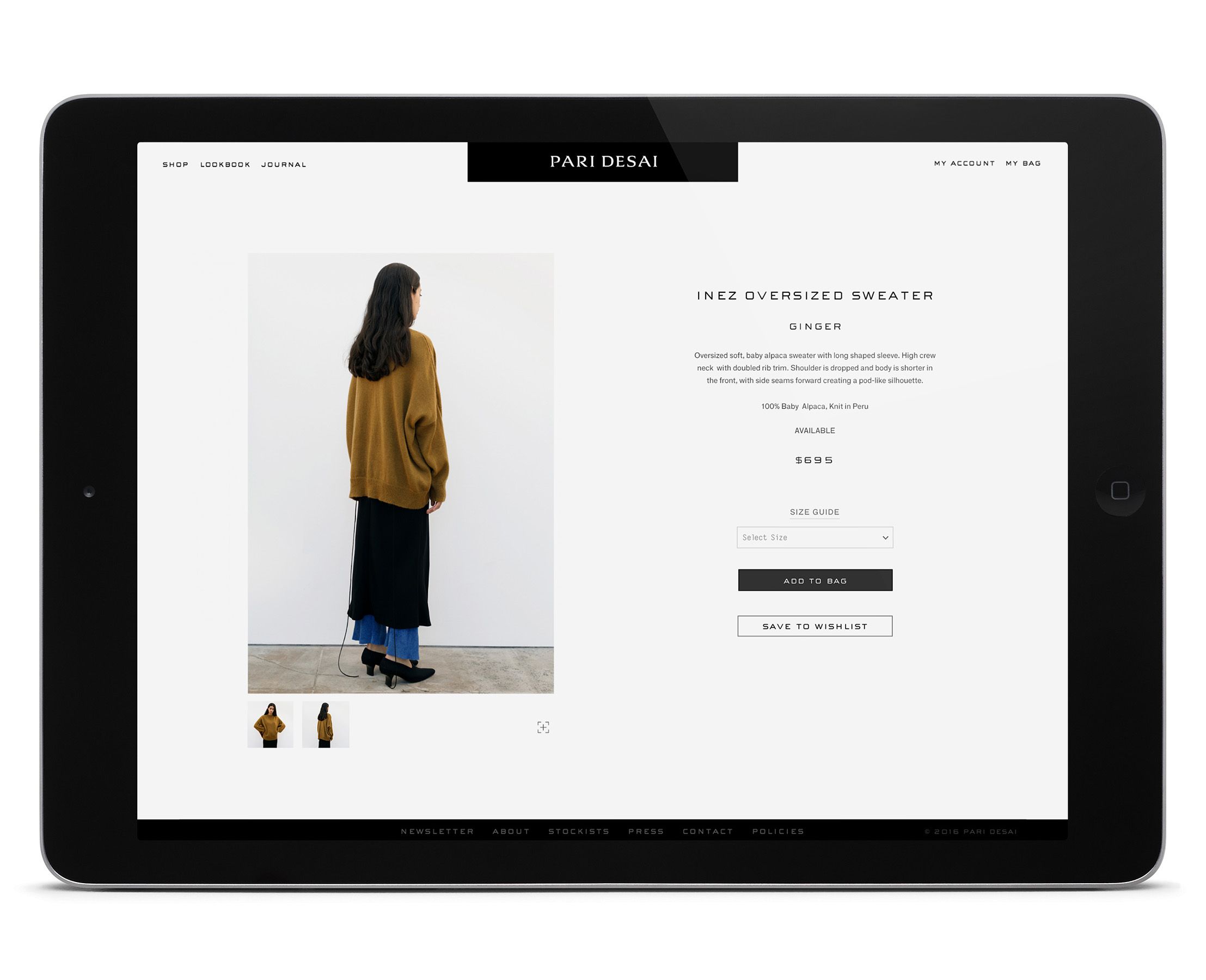 iPad showing a website for the Pari Desai womenswear brand