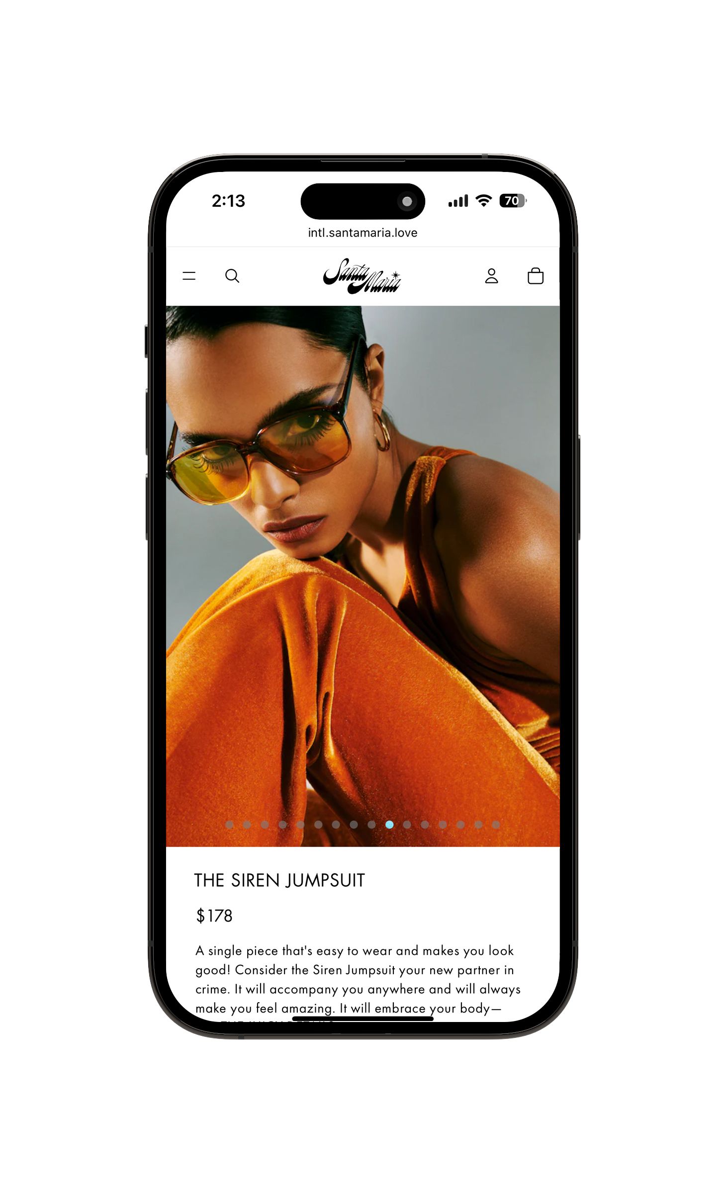 An iphone screen showing a product listing in an online store for a jumpsuit with an picture of a woman in sunglasses wearing the jumpsuit