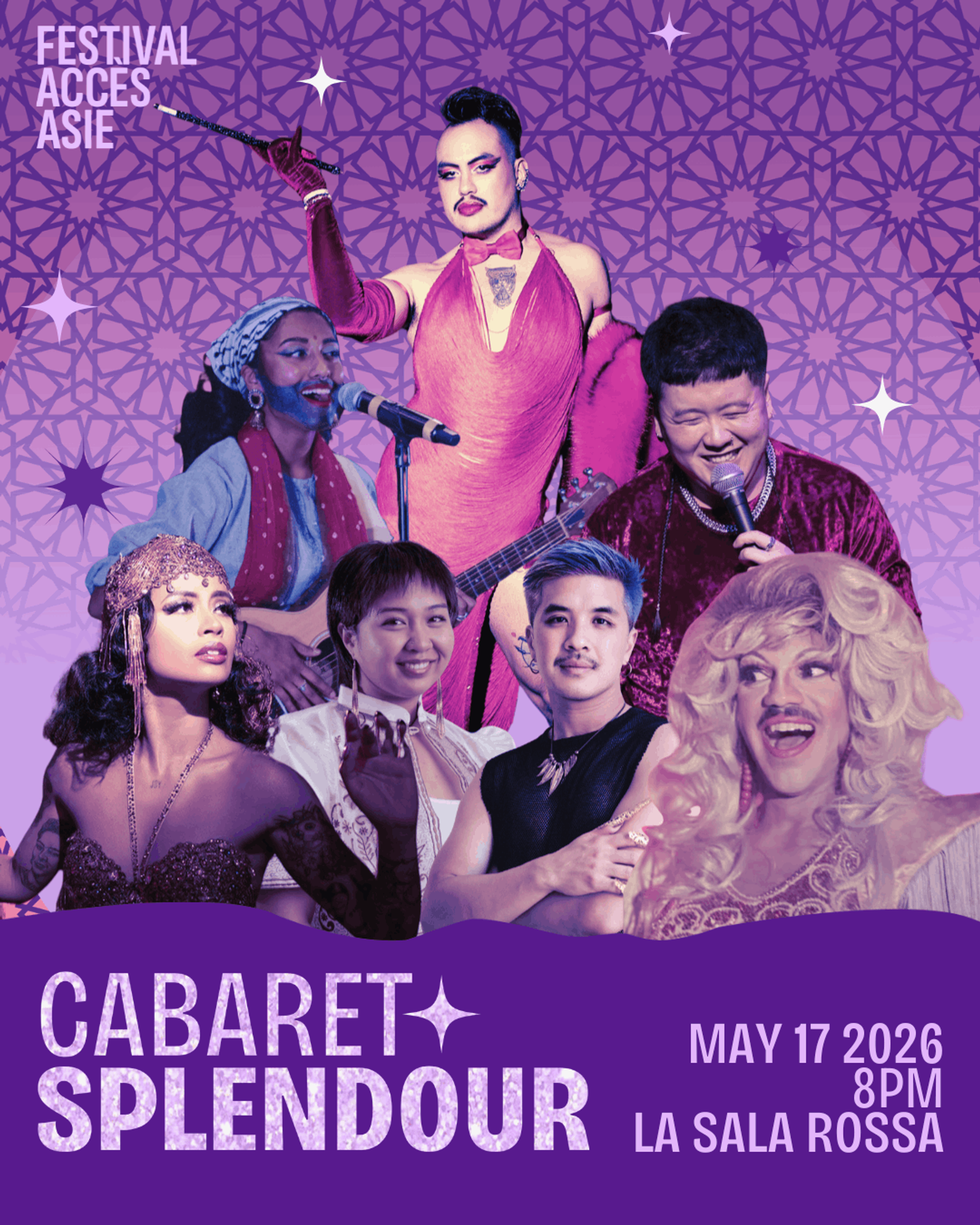 all performers headshots on a purple background