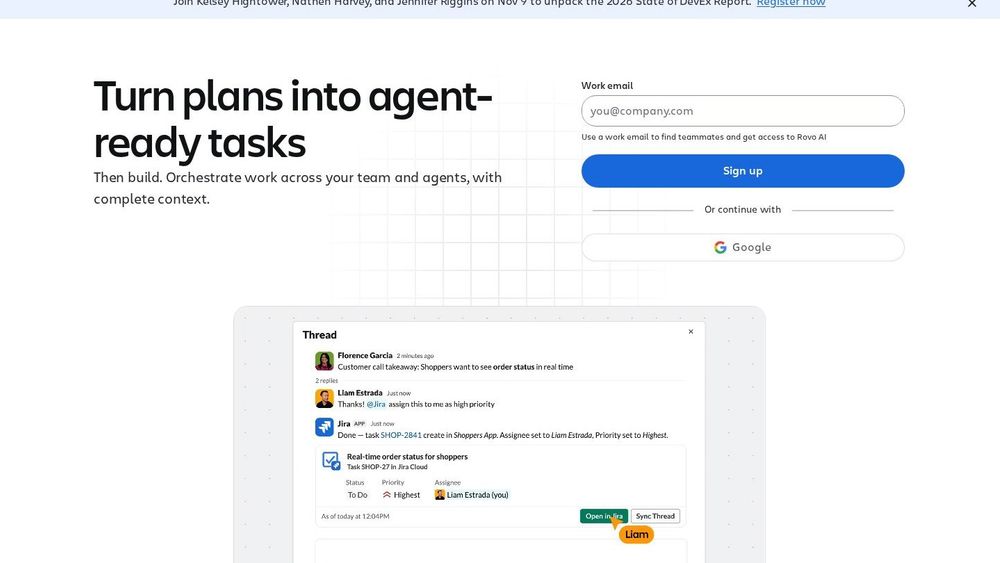 Jira agent-ready tasks page with thread and work item UI
