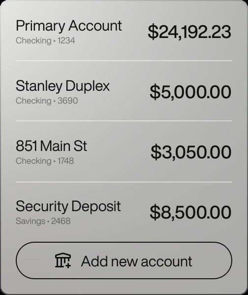 Baselane landlord banking product UI Baselane landlord banking product UI