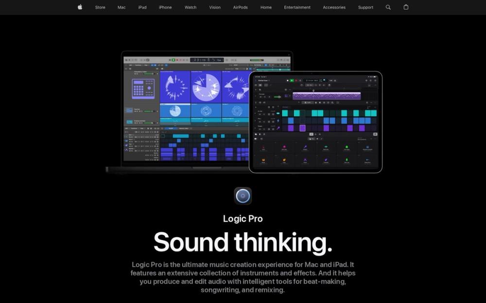 Logic Pro product page with mixer UI — best music production software for Mac