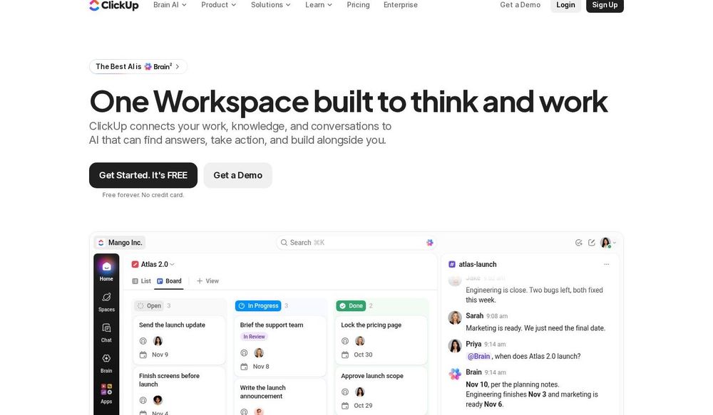 ClickUp workspace with board view, tasks and AI chat thread