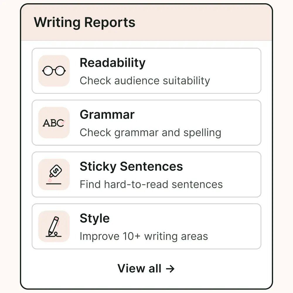 ProWritingAid writing reports product UI for manuscript editing