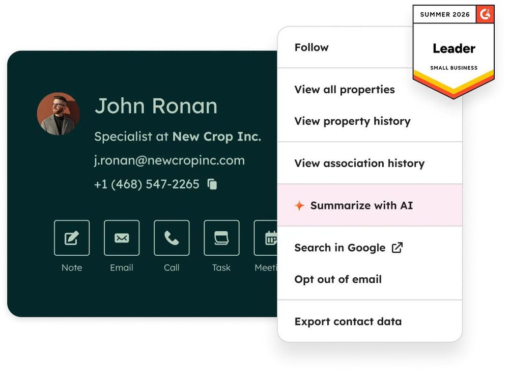 HubSpot Smart CRM contact record UI with AI summarize action HubSpot Smart CRM contact record UI with AI summarize action