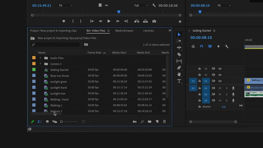 Adobe Premiere Pro editing workspace with Project bin and multitrack timeline