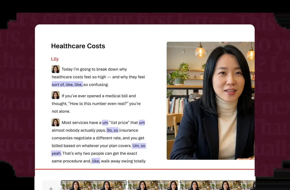Descript text-based video editing UI — transcript with filler-word highlights and preview